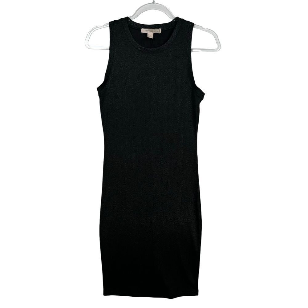 Metallic Black Ribbed Bodycon Dress Sleeveless Stretch Fitted Mini Sexy Out LBD